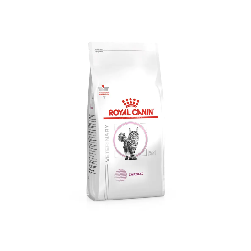 White background with a white bag of Royal Canin Veterinary Cardiac dry food for cats. Pictured on the bag is a long haired grey tabby cat. 