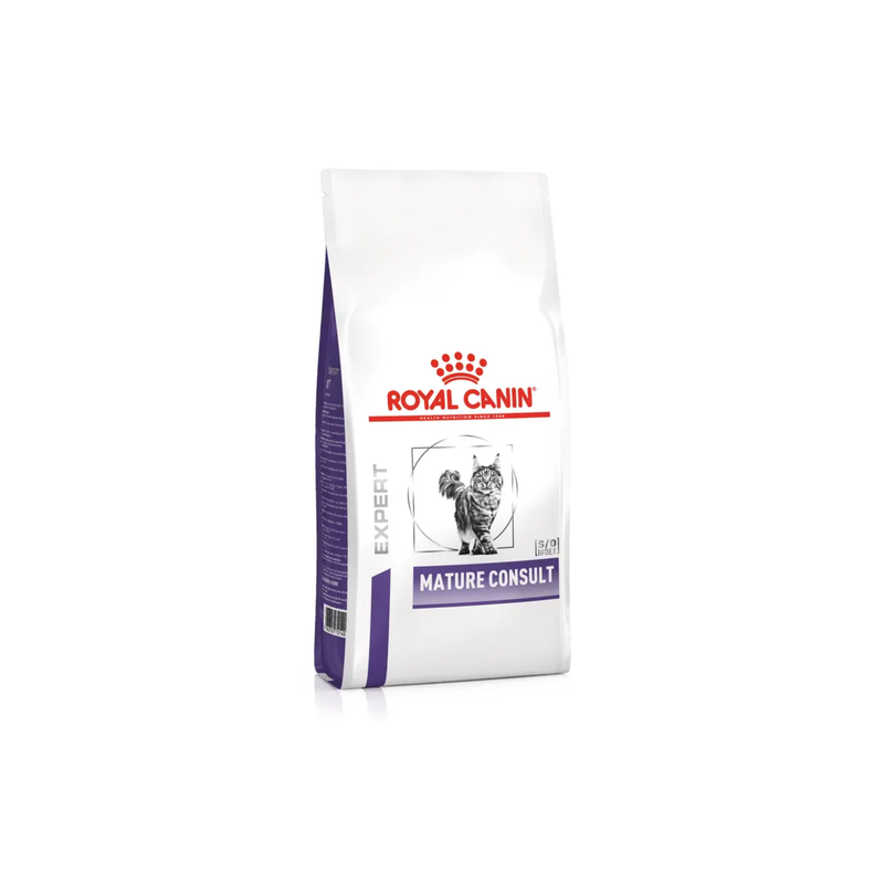 White background with a white bag of Royal Canin Mature Cat. Pictured on the bag is a long haired grey tabby cat. 