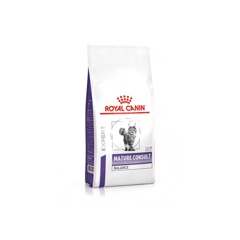 White background with a white bag of Royal Canin Mature Consult Balance dry cat food. Pictured on the bag is a long haired grey tabby cat. 