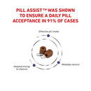 White background with a central picture of two pill assist hollow treats with two pills shown in front. Red text at the top states 'Pill Assist was shown to ensure a daily pill acceptance in 91% of cases. Text around the picture states 'Effective pill intake, Moldable texture and Adapted energy & vitamins.' 