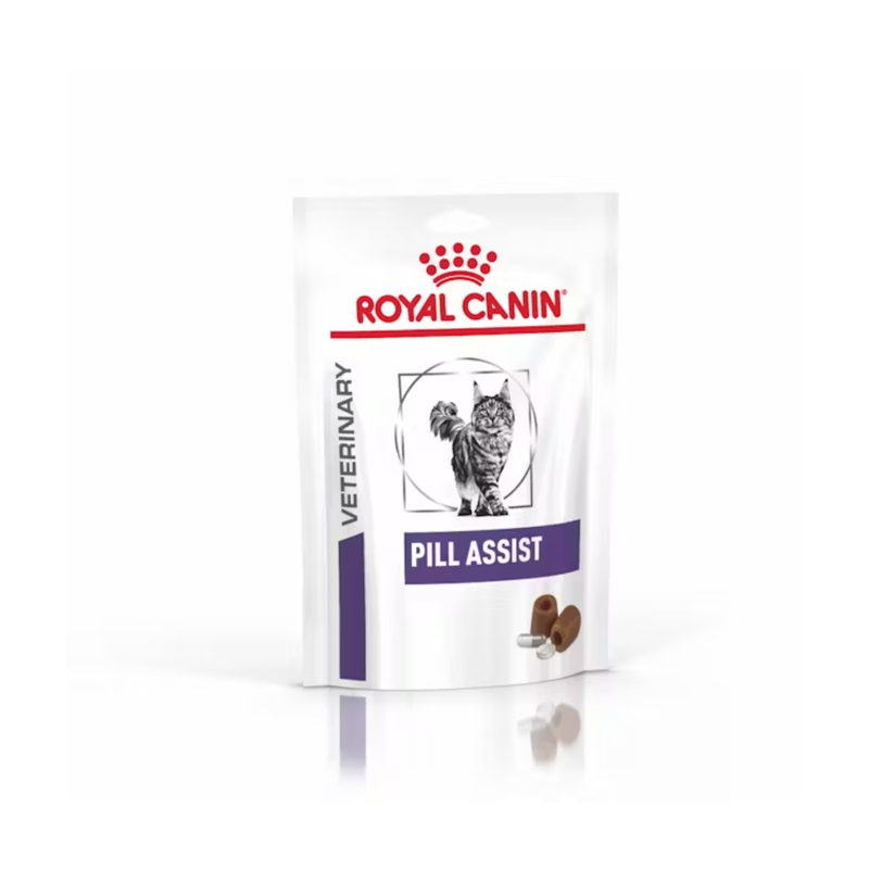 White background with a pouch of Feline Pill Assist treats with an long haired tabby cat pictured on the packet, text on the pouch says 'Royal Canin Veterinary, Pill Assist.'