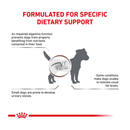 White background with a silhouette of a terrier dog in the centre, around the dog is text reading 'Formulated for specific dietary support, An impaired digestive function prevents dogs from properly benefiting from nutrients contained in their food, Some conditions make dogs unable to tolerate usual fat levels, Small dogs are prone to develop urinary stones'.