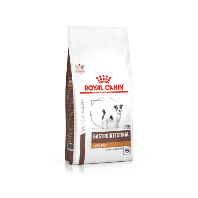 White background with a white bag of Royal Canin Gastrointestinal Low Fat Pictured on the bag is a Jack Russell dog. 