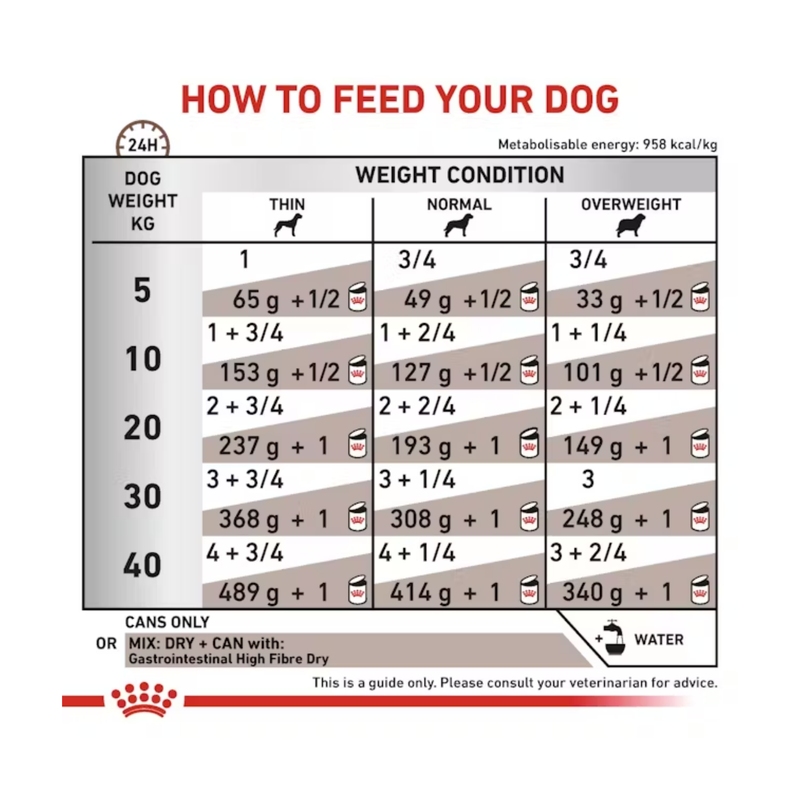 Royal Canin Gastrointestinal High Fibre Loaf Dog Food feeding guide. 