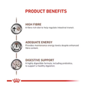 White background with text 'Product Benefits' below details the benefits of Royal Canin Gastrointestinal High Fibre loaf. 'High Fibre - A fibre-rich diet to help regulate intestinal transit, Adequate Energy - Provides maintenance energy levels despite enhanced fibre content, Digestive Support - A highly digestible formula, including prebiotics to support a healthy digestion'. 