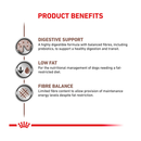 White background with text 'Product Benefits' below details the benefits of Royal Canin Gastrointestinal Low Fat loaf. 'Digestive Support - A highly digestible formula with balanced fibres, including prebiotics, to support a healthy digestion and transit, Low Fat - For the nutritional management of dogs needing a fat-restricted diet, Fibre Balance - Limited fibre content to allow provision of maintenance energy levels despite fat restriction.' 