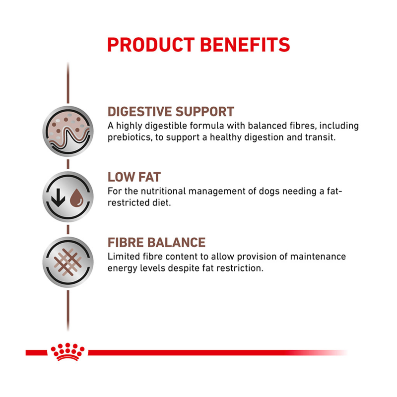 White background with text 'Product Benefits' below details the benefits of Royal Canin Gastrointestinal Low Fat loaf. 'Digestive Support - A highly digestible formula with balanced fibres, including prebiotics, to support a healthy digestion and transit, Low Fat - For the nutritional management of dogs needing a fat-restricted diet, Fibre Balance - Limited fibre content to allow provision of maintenance energy levels despite fat restriction.' 