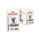 White background with a box of wet cat food pouches with an long haired tabby cat pictured on the box, text on the box says 'Royal Canin Veterinary, Gastrointestinal, Thin slices in gravy' In the foreground is a pouch with the same text and style as the box. 
