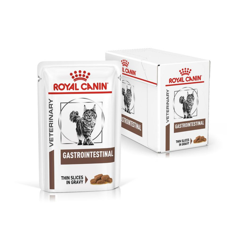 White background with a box of wet cat food pouches with an long haired tabby cat pictured on the box, text on the box says 'Royal Canin Veterinary, Gastrointestinal, Thin slices in gravy' In the foreground is a pouch with the same text and style as the box. 