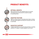 White background with text 'Product Benefits' below details the benefits of Royal Canin Gastrointestinal Kitten. 'Optimal Growth - High energy formula with adapted levels of nutrients (including protein and calcium) to meet the needs of a growing kitten, Adapted Texture - Specific mousse texture to facilitate food intake in kittens with decreased appetite and help the transition from milk to solid food, Digestive Support - A highly digestible formula with balanced fibres, including prebiotics.' 