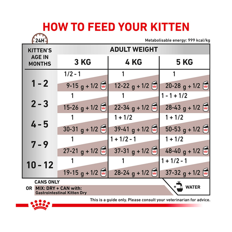 Royal Canin Gastrointestinal Kitten feeding guide. 