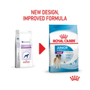 White background with a picture of the old style of Royal Canin Giant Junior dry food, with new design also shown. 