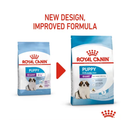 White background with a picture of the old style of Royal Canin Giant Puppy dry food, with new design also shown. 