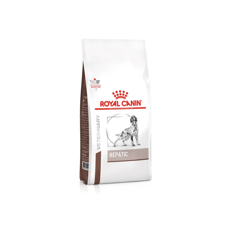 White background with a bag of Royal Canin Hepatic dry dog food with a English Setter dog pictured on the packet, text on the pouch says 'Royal Canin Veterinary, Hepatic'. 