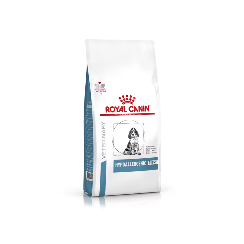 White background with a white bag of Royal Canin Hypoallergenic Puppy. Pictured on the bag is a English Setter puppy.