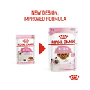 White background with a picture of the old style of Royal Canin kitten chunks in gravy wet food, with new design also shown. 