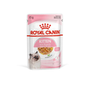 White background with a sachet of Royal Canin Kitten chunks in jelly. Pictured on the packet is a Ragdoll kitten, text on the tin states 'Up to 12 months'. 