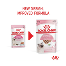 White background with a picture of the old style of Royal Canin kitten in loaf wet food, with new design also shown. 