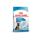 White background with a blue bag of Royal Canin Maxi Puppy. Pictured on the bag is a German Shepherd puppy , text on the bag states '2 - 15 months' and 'Maxi, Adult Weight upto 26-44kg'. 