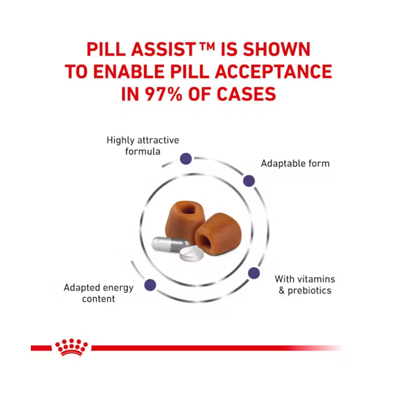 White background with a central picture of two pill assist hollow treats with two pills shown in front. Red text at the top states 'Pill Assist is shown to ensure a daily pill acceptance in 97% of cases. Text around the picture states 'Highly attractive formula, Adaptable form, with vitamins & prebiotics, Adapted energy content'. 