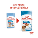White background with a picture of the old style of Royal Canin Medium Puppy in gravy wet food, with new design also shown. 