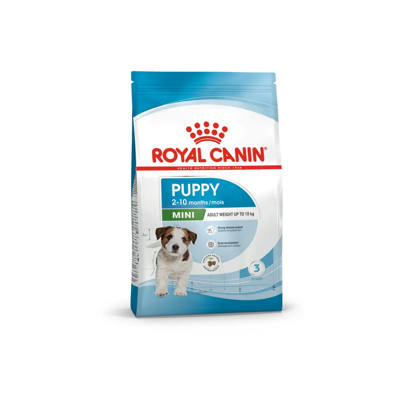 White background with a blue bag of Royal Canin Mini Puppy. Pictured on the bag is a terrier puppy , text on the bag states '2 - 10 months' and 'Mini, Adult Weight upto 10kg'. 
