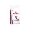 White background with a white bag of Royal Canin Veterinary Mobility dry food for cats. Pictured on the bag is a long haired grey tabby cat. 