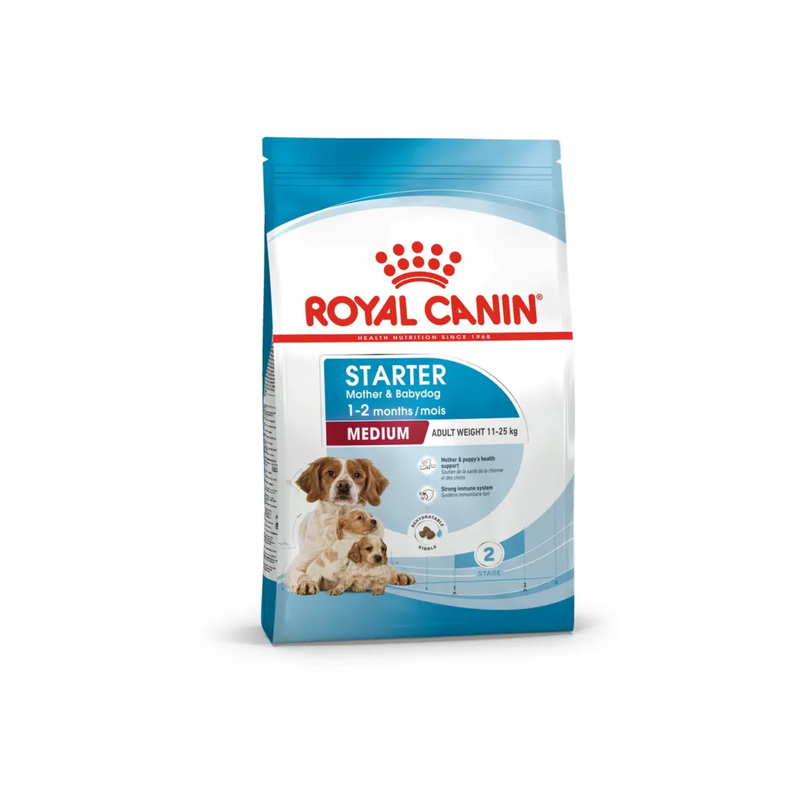 White background with a blue bag of Royal Canin Mother & Babydog. Pictured on the bag is an adult Spaniel dog and two puppies, text on the bag states '1-2months, Medium, Adult weight 11 -25kg'. 