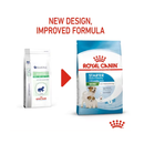 White background with a picture of the old style of Royal Canin Starter Mother & Babydog Min dry food, with new design also shown. 