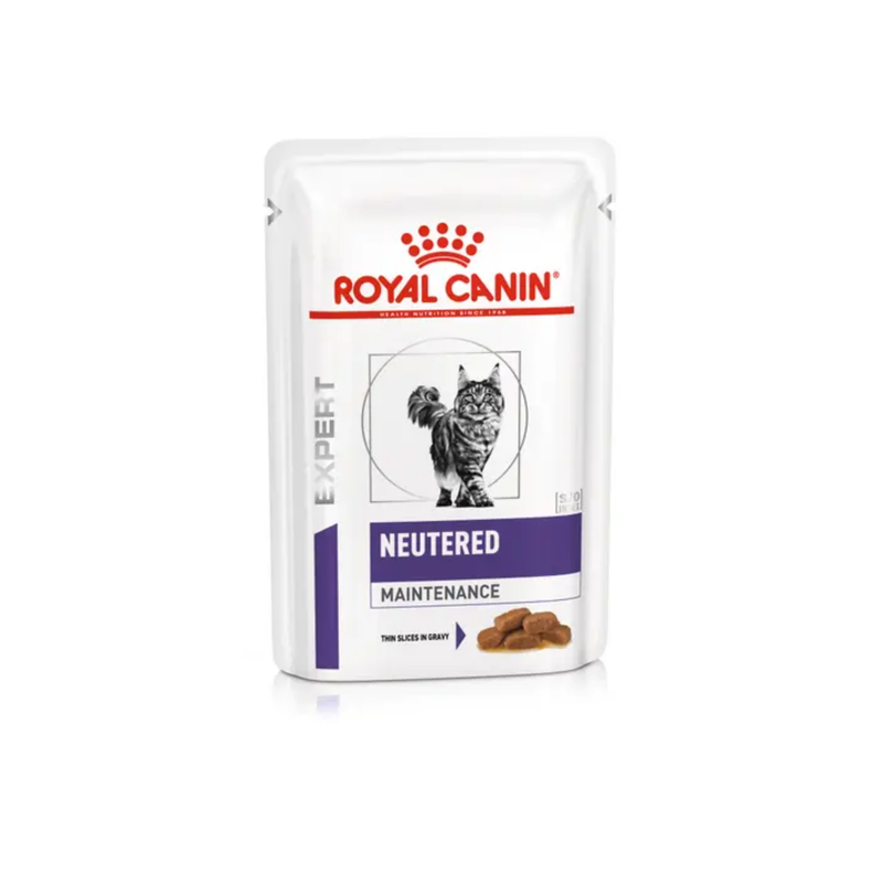 White background with a pouch of wet cat food with an long haired tabby cat pictured on the packet, text on the pouch says 'Royal Canin Expert, Neutered Maintenance, Thin slices in gravy.'