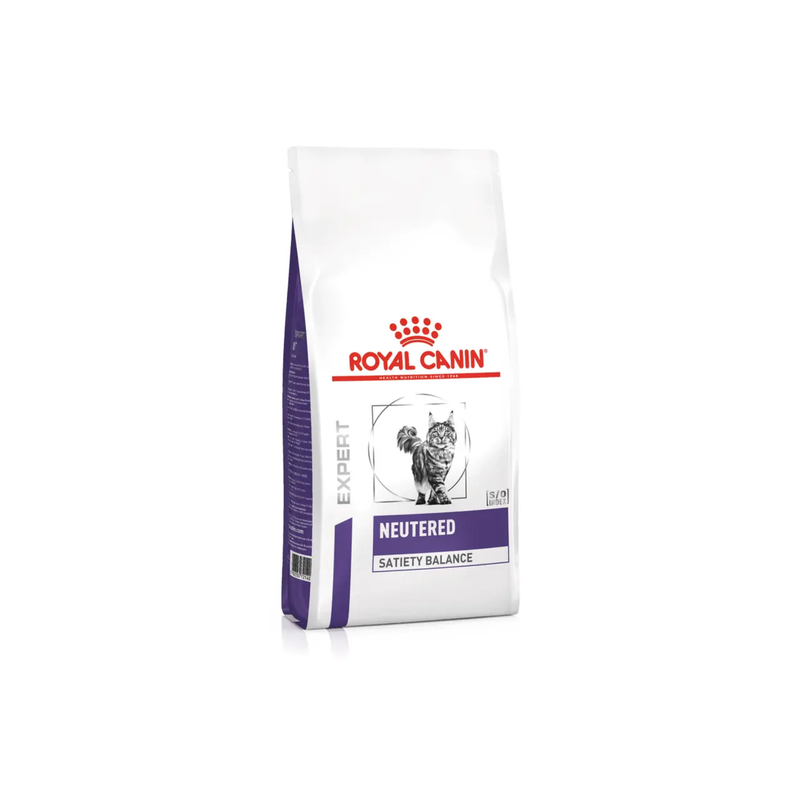 White background with a white bag of Royal Canin Neutered Adult Satiety Balance dry cat food. Pictured on the bag is a long haired grey tabby cat. 
