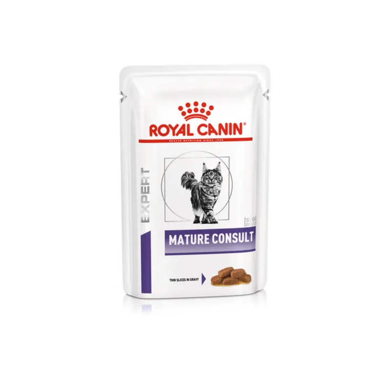White background with a pouch of wet cat food with an long haired tabby cat pictured on the packet, text on the pouch says 'Royal Canin Expert, Mature Consult, Thin slices in gravy.'