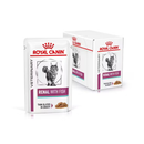 White background with a box of wet cat food pouches with an long haired tabby cat pictured on the box, text on the box says 'Royal Canin Veterinary, Renal with Fish, Thin slices in gravy' In the foreground is a pouch with the same text and style as the box. 
