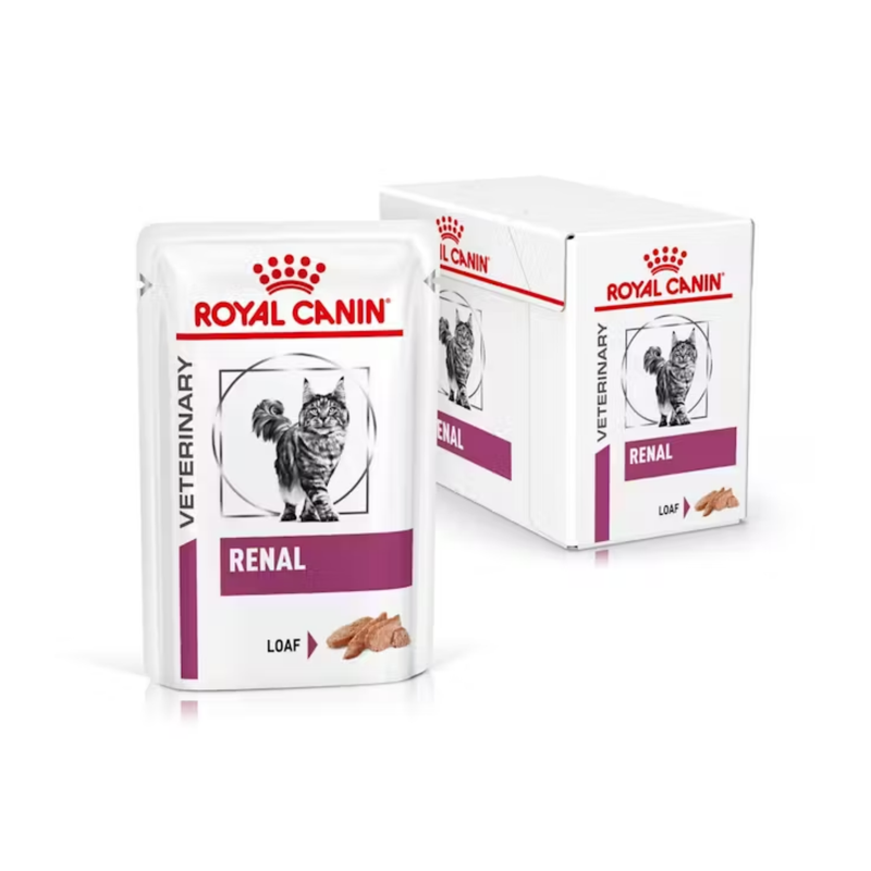 White background with a box of wet cat food pouches with an long haired tabby cat pictured on the box, text on the box says 'Royal Canin Veterinary, Renal, Loaf' In the foreground is a pouch with the same text and style as the box. 