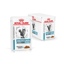 White background with a box of wet cat food pouches with an long haired tabby cat pictured on the box, text on the box says 'Royal Canin Veterinary, Sensitivity Control, Chicken with Rice, Thin slices in gravy' In the foreground is a pouch with the same text and style as the box. 