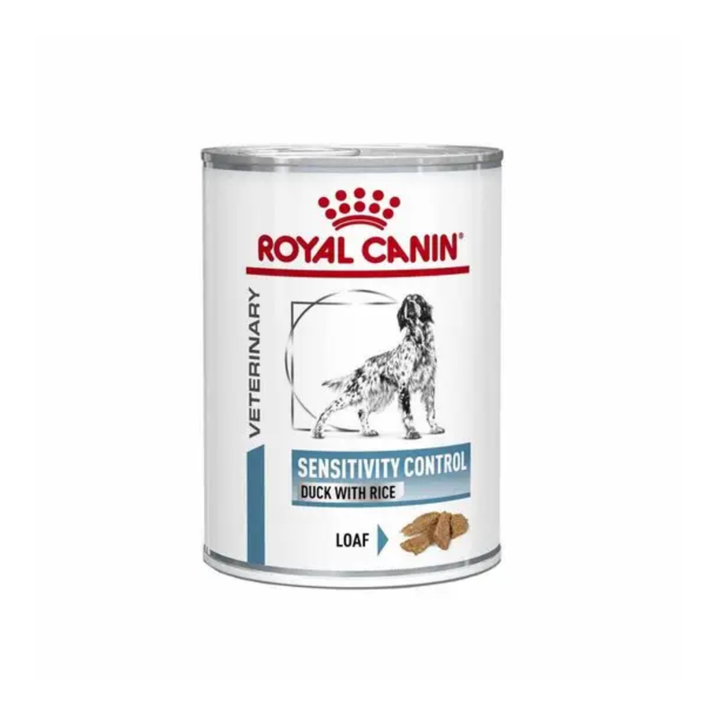 White background with a tin of Royal Canin Sensitivity Control for dogs. A English Setter dog is pictured on the tin with text below reading 'Sensitivity Control, Duck with Rice, Loaf'. 
