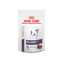 White background with a pouch of Canine Pill Assist treats with an Jack Russell terrier pictured on the packet, text on the pouch says 'Royal Canin Veterinary, Pill Assist. Small Dog'