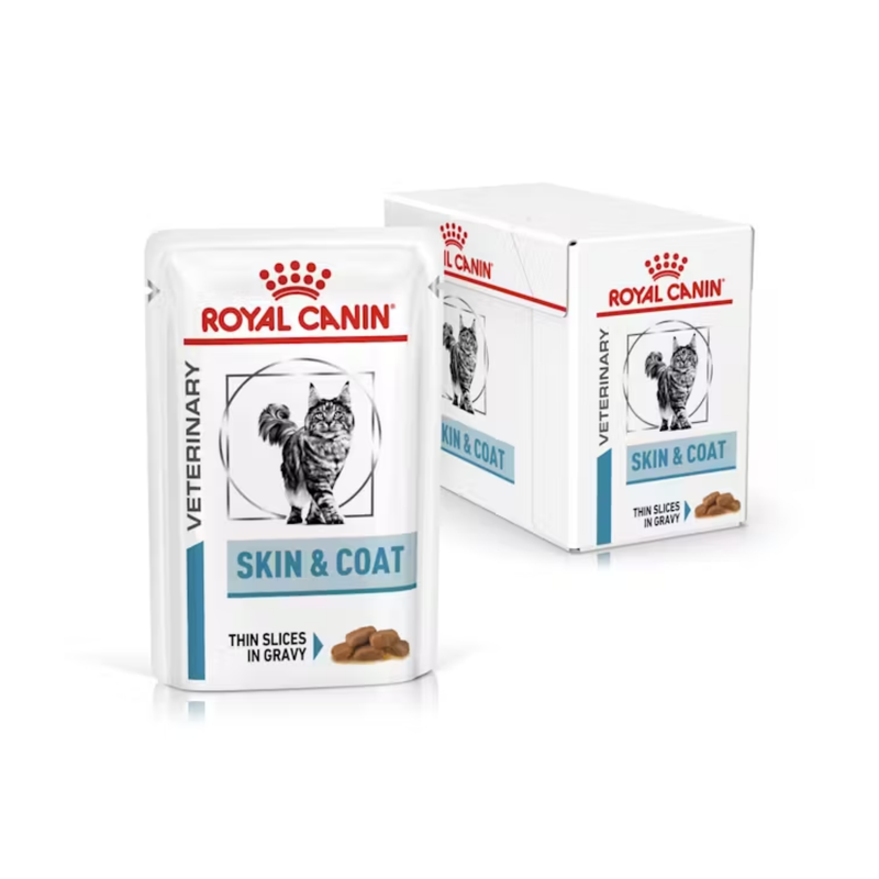 White background with a box of wet cat food pouches with an long haired tabby cat pictured on the box, text on the box says 'Royal Canin Veterinary, Skin & Coat, Thin slices in gravy' In the foreground is a pouch with the same text and style as the box. 