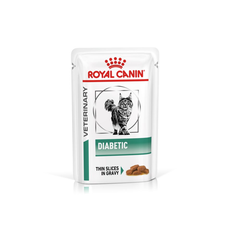 White background with a pouch of wet cat food with an long haired tabby cat pictured on the box, text on the box says 'Royal Canin Veterinary, Diabetic, Thin slices in gravy.'