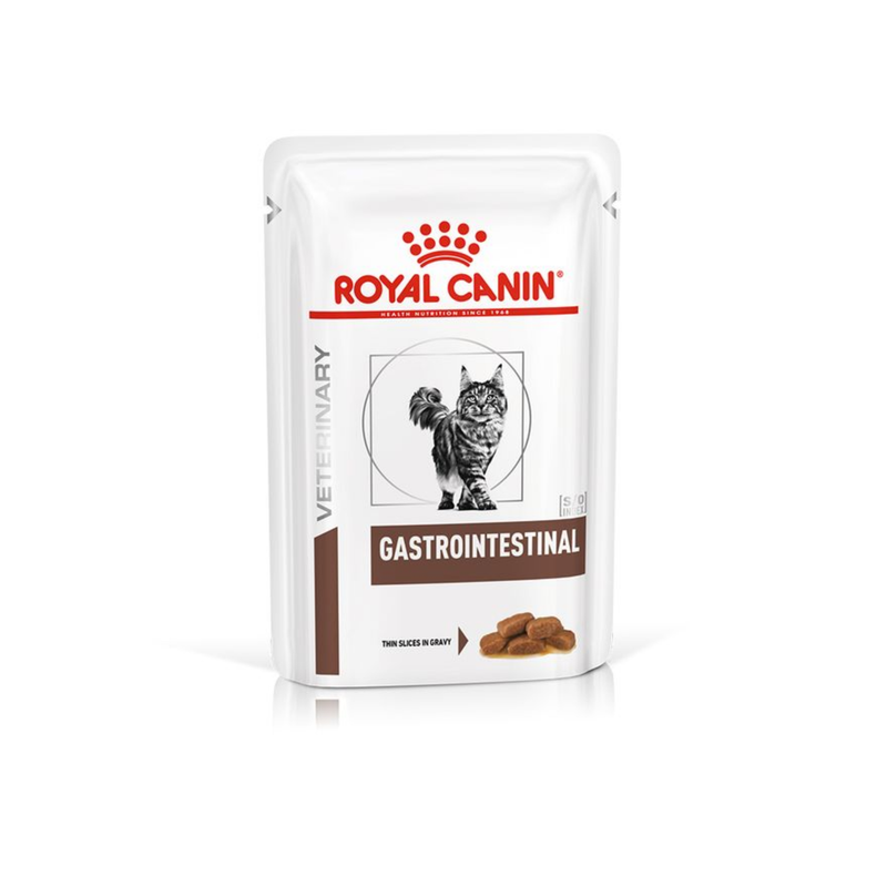White background with a pouch of wet cat food with an long haired tabby cat pictured on the box, text on the box says 'Royal Canin Veterinary, Gastrointestinal, Thin Slices in Gravy.'