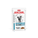 White background with a pouch of wet cat food with an long haired tabby cat pictured on the box, text on the box says 'Royal Canin Veterinary, Sensitivity Control, Chicken with Rice, Thin slices in Gravy.'