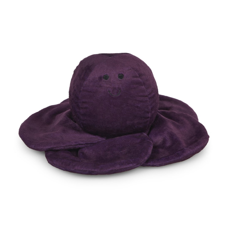 White background with a front view of a plush toy red cabbage with stitched eyes and smile and its leaves folded down.  