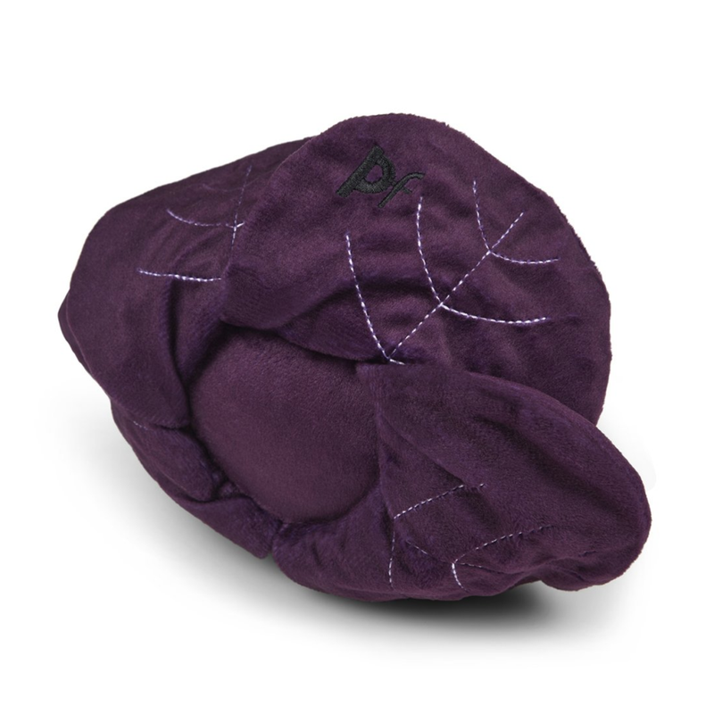White background with a back view of a plush red cabbage dog toy. 