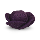 White background with a front view of a plush toy red cabbage with stitched eyes and smile. 