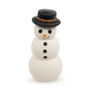 White background with a latex snowman dog toy pictured, the snowman is wearing a top hat and has an orange nose and black facial features. 