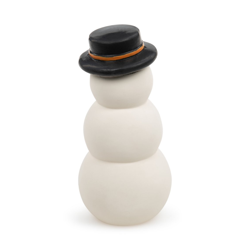 White background with a back view of a white latex snowman dog toy pictured, the snowman is wearing a top hat. 