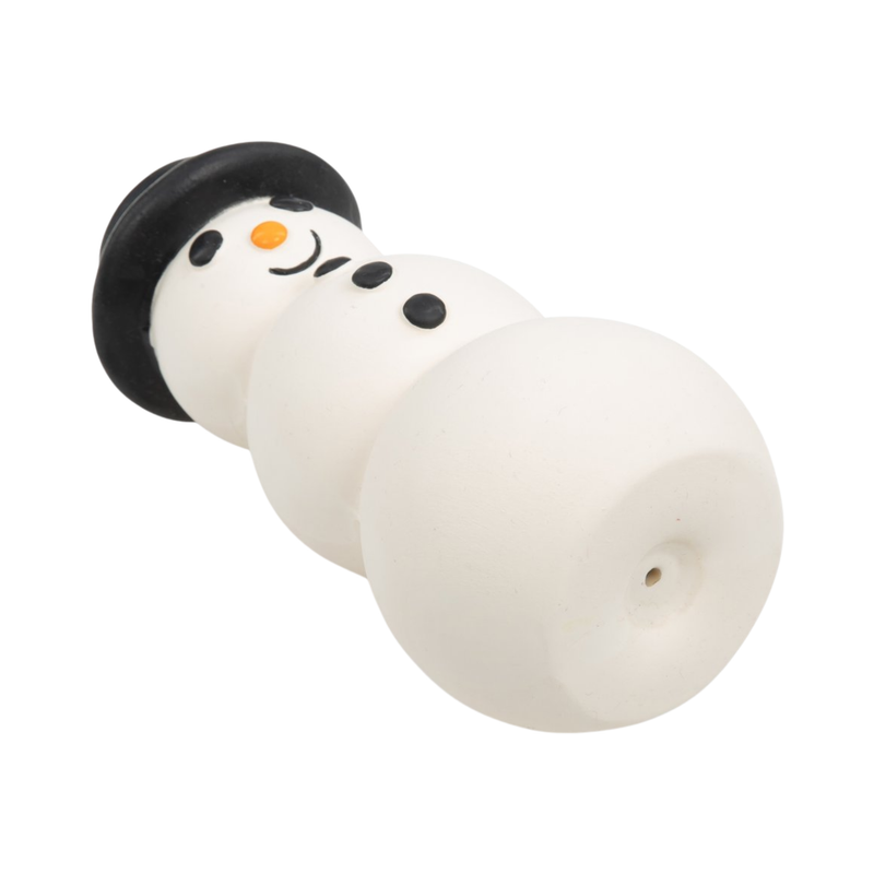 White background with a view from the base of a white latex snowman dog toy pictured, the snowman is wearing a top hat and has an orange nose and black facial features. 