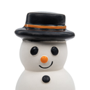 White background with a close up of a latex snowman dog toy pictured, the snowman is wearing a top hat and has an orange nose and black facial features. 