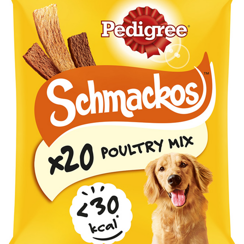 A close up of a packet of Pedigree Schmackos Dog Treats Poultry Mix on a white background. 