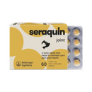 White background with a yellow and cream box of Seraquin Joint supplement. On the packet is a silhoutte of a dog and cat head with additional text 'A tasty tablet that helps to maintain your pet's joint health.'
